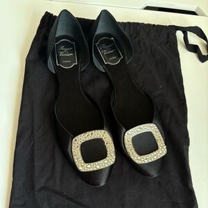 Roger Vivier Black Satin Flats with Silver Buckle